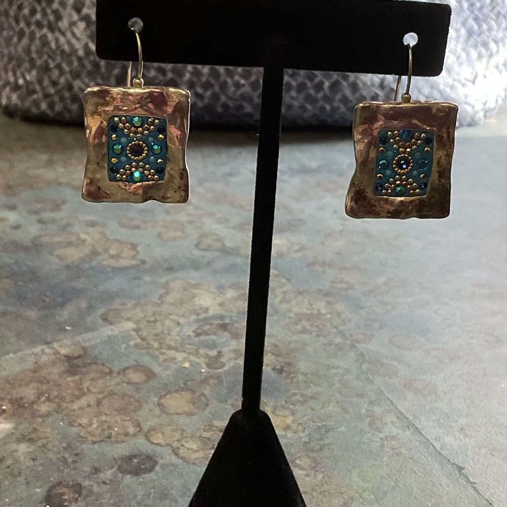 Handcrafted Turquoise and Gold Square Inlayed S. Crystals Silver Drop Earrings